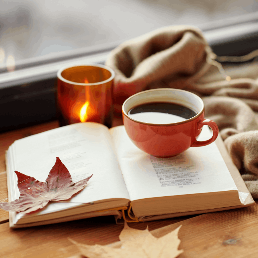 Home and Living with coffee book and blanket