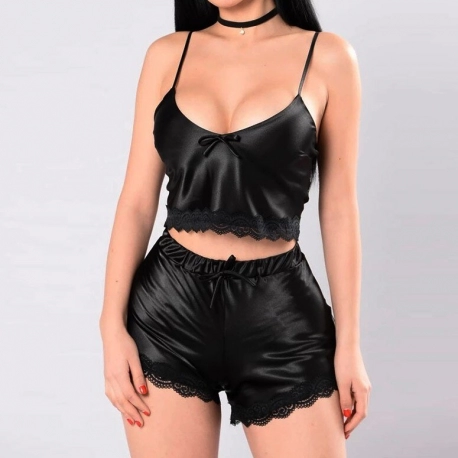 Women Sexy Satin Silk Sleepwear Set Lace V-neck Camisole Shorts Lingerie Pajamas solid sleeveless Solid Tops Home Clothes Black
