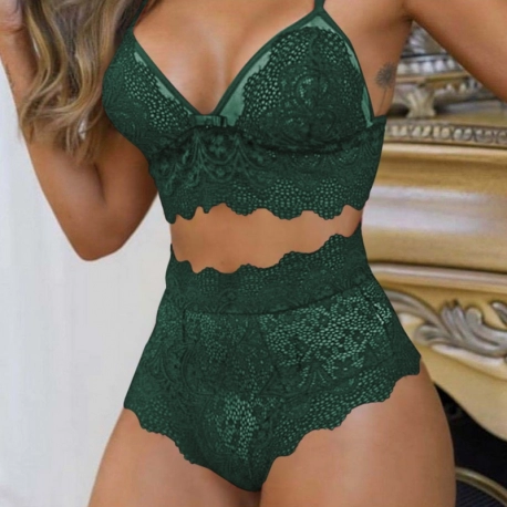 Deep V Sexy Underwear Ultrathin Bra Set Plus Size Brassiere Green Women Lingerie Set Lace Embroidery Transparent Bra Panties Set