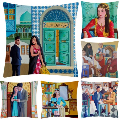 Arabic Art Cushion Cover Middle Eastern Woman and Man Portrait Painting Home Decor Throw Pillow Case Living Room Home Decoration