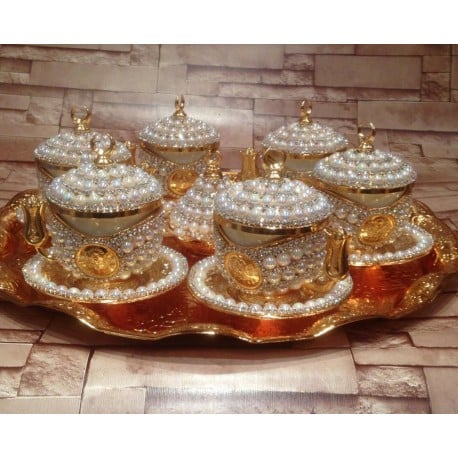 6 person coffee set crystals and beads silver n gold color porcelain with lid