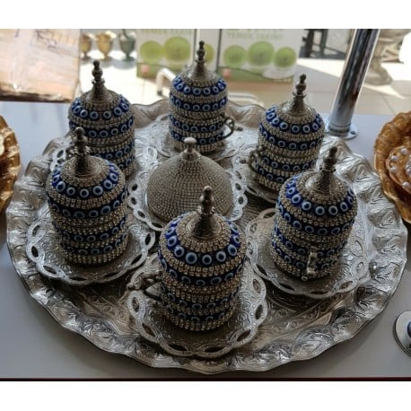 Turkish Silver Evil Eye Greek Arabic Coffee Set