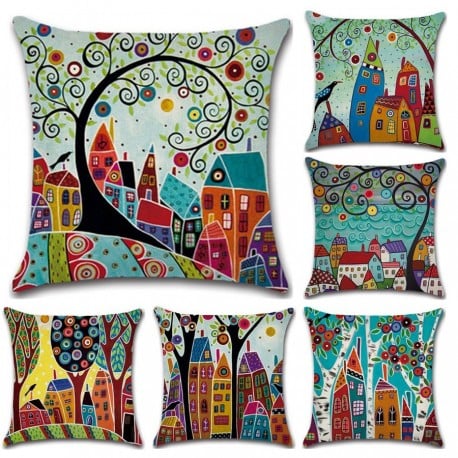 Retro Rural Color Hand Painted Cities Pillow Case