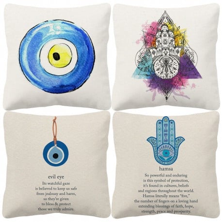 Turkish Evil Eye Hamsa Watercolor Painting Pillow Cover