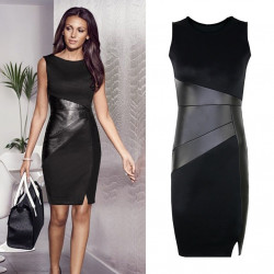 Party Dress Women Faux Leather Splice Black Pencil Dress Small - Plus Size