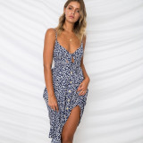 Sexy Bow Backless Polka Dots Print Beach Summer Dress Cotton Deep V Neck Buttons