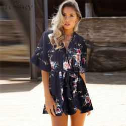 2019 Fashion Womens Summer Beach Jumpsuit Deep V Sexy Loose Lace Up  Printed Bodycon Playsuit