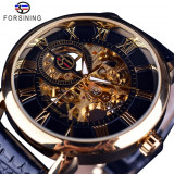 Luxury Brand 3d Logo Design Hollow Engraving Black Gold Case Leather Skeleton Mechanical Watches