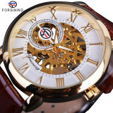 Luxury Brand 3d Logo Design Hollow Engraving Black Gold Case Leather Skeleton Mechanical Watches