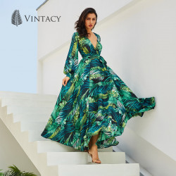 Vintacy Long Sleeve Dress Tropical Beach Vintage Maxi Dresses Boho Casual V Neck Belt Lace Up Plus Size Dress