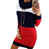 Women Winter Turtleneck Long Sleeve Hooded Plus Size Autumn Striped Colorful Hoodie Dress Sweatshirt Dress