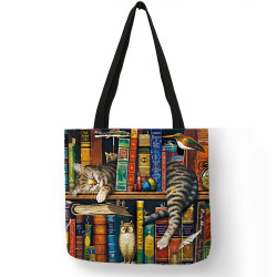 Hand Bags Unique Naughty Bookshelf Cat Printing Totes Eco Linen