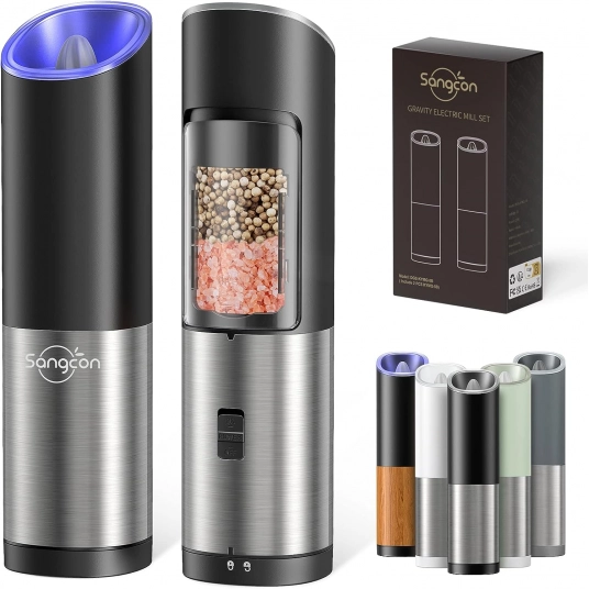 Sangcon Electric Salt and Pepper Grinder Mill Set, Safety & Gravity Switch, Battery Powered with LED Light, Adjustable Coarsenes
