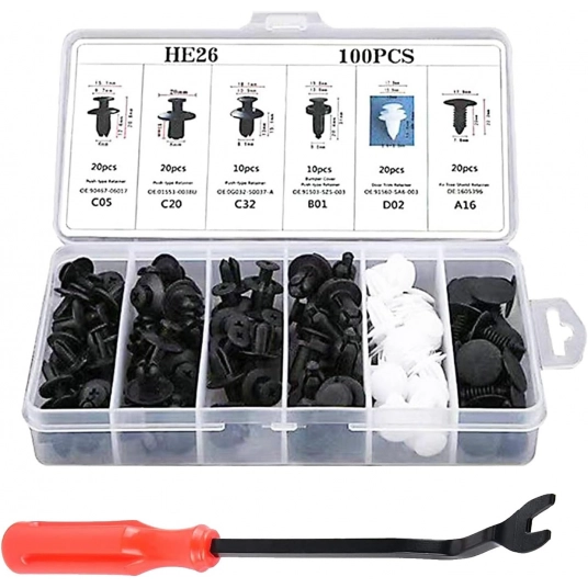 gunhunt 100 PCS Car Bumper Bolt Fastener Set, 6 Types of Door Panel Push Retainer Replacement HE26 with 6″ Removal Tool, Bumper