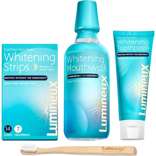 Lumineux Teeth Whitening Kit – Includes 7 Whitening Treatments, 1 Mouthwash, 1 Toothpaste & 1 Toothbrush – Natural & Enamel Safe