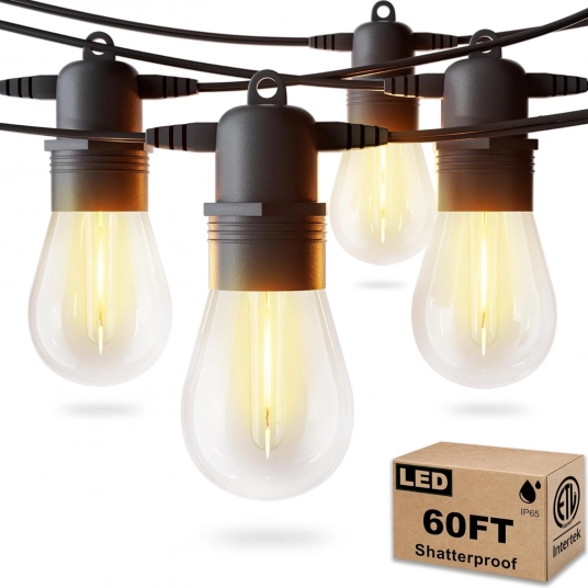 Jerritte 60FT LED Outdoor String Lights with 30 Edison Shatterproof IP65 Waterproof Bulbs, 2700K Dimmable Commercial Grade Patio