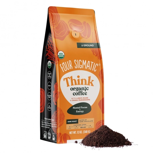 Organic Mushroom Ground Coffee by Four Sigmatic | Dark Roast, Fair Trade Gourmet Coffee with Lion’s Mane, Chaga & Mushroom Powde