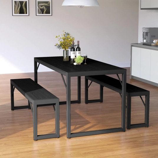Bealife Dining Table Set for 4, Modern Kitchen Table Set with 2 Benches, 45.5in 3-Piece Soho Dining Room Table Set with Metal Fr