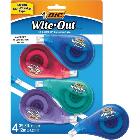 BIC Wite-Out Brand EZ Correct Correction Tape, 19.8 Feet, 4-Count Pack of white Correction Tape, Fast, Clean and Easy to Use Tea