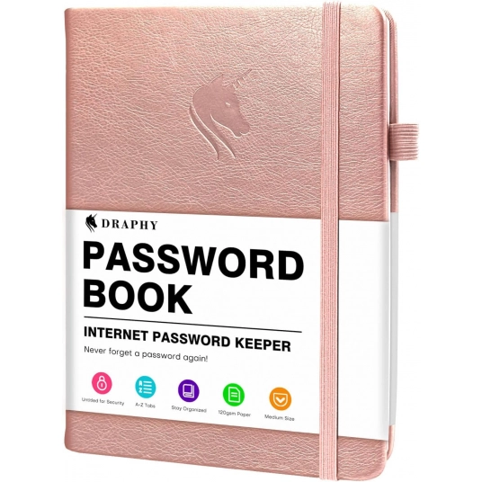 DRAPHY Password Book with Alphabetical Tabs. Medium Size Internet Password Keeper for Logins, and Web Addresses. Leatherette Har