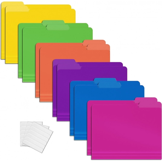 Heavyweight Poly File Folders, 1/3 Cut Tabs, 12 Pack, Assorted Colors, Letter Size, with Adhesive Labels, by Better Office Produ