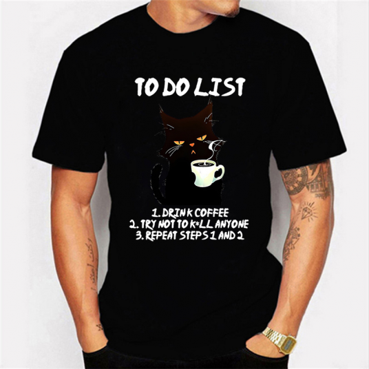 Black Cat To Do List Graphic T Shirts Funny Cat Coffee Tshirts Tops Oversize T-shirt Fashion Harajuku T-shirts Men Brand T-shirt