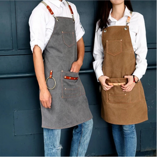 Women Men Canvas Bib Leather Chef Kitchen Apron Barista Bartender Pockets Apron Home Barber Coffee Restaurant Garden Pinafore