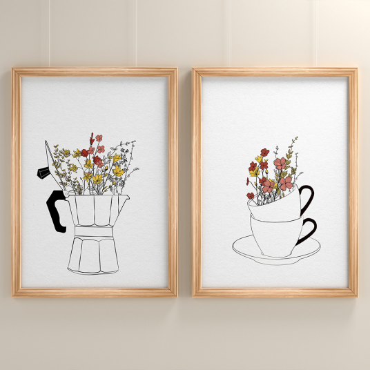 Coffee Lover Canvas - Cups Flowers Painting