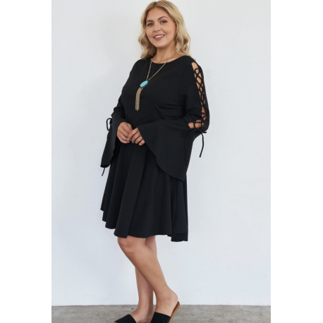 Plus size black lace up detail bell sleeve dress
