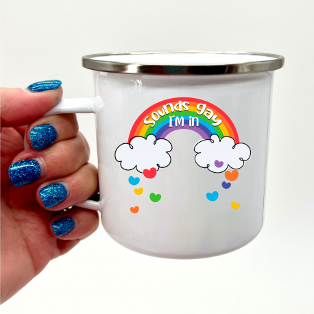 Sounds Gay Im In, Rainbow Heart Camper Mug