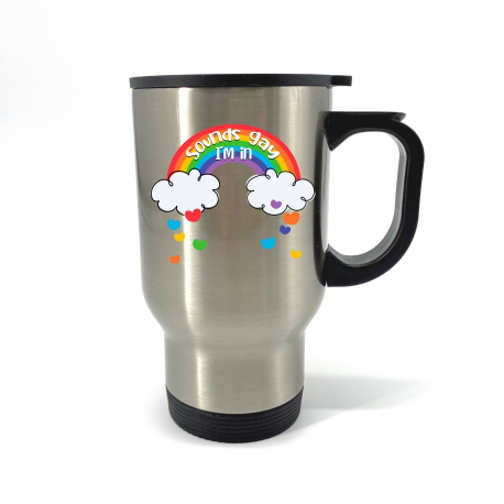 Sounds Gay Im In, Rainbow Heart Travel Mug
