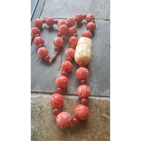 Chinese Shou Carved Shell Beads with Bovine Buddha Pendant