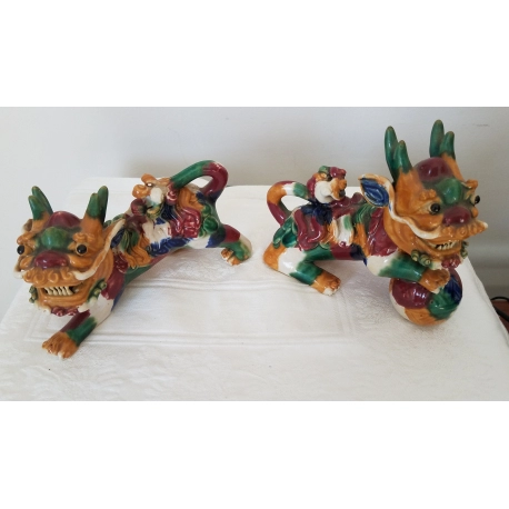 Chinese Pottery Foo Dogs with Sancai Glaze