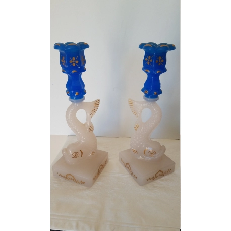 MMA Dolphin Candlestick c 1950s. Clambroth and Blue