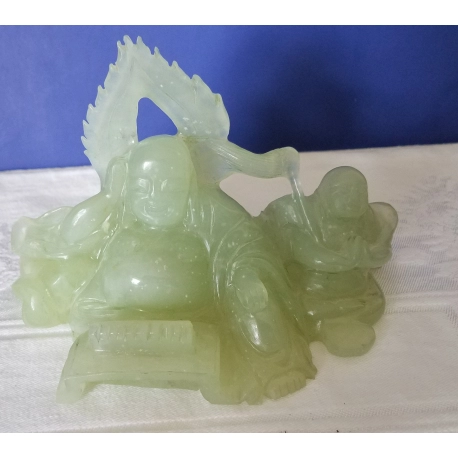 Jade Statue of Buddha with Money Bag and Small Child
