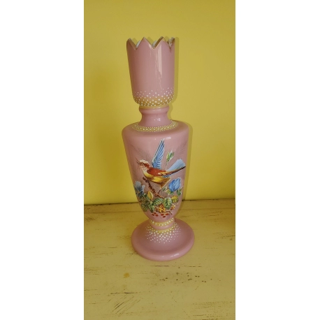 Bohemian Cased glass vase with a raised enameled Painting of Bird