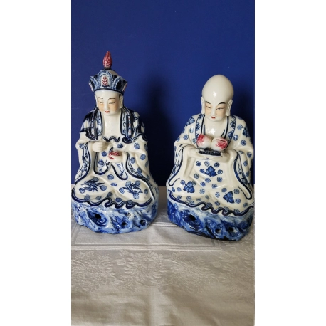 Blue and White Porcelain Statues of Asian Buddhas