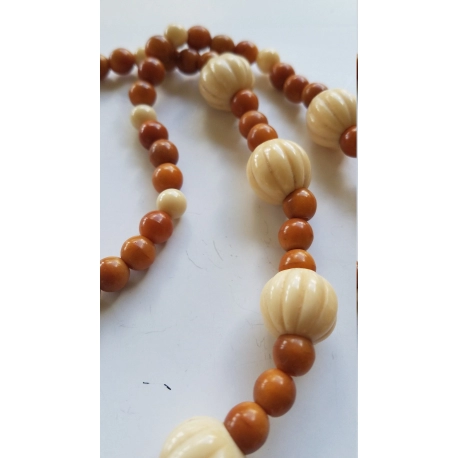 Unique Necklace with Man Made Beads Imitating Ivory and Phenolic Resin Beads Amber