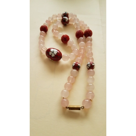 Rose Quartz and Cloisonne or champlevé Necklace Beads