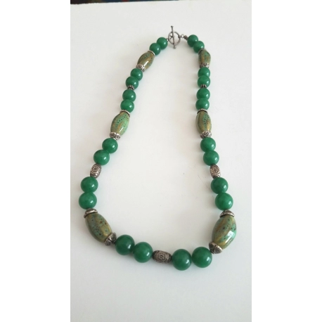 Green Stone Necklace with Silver Beads
