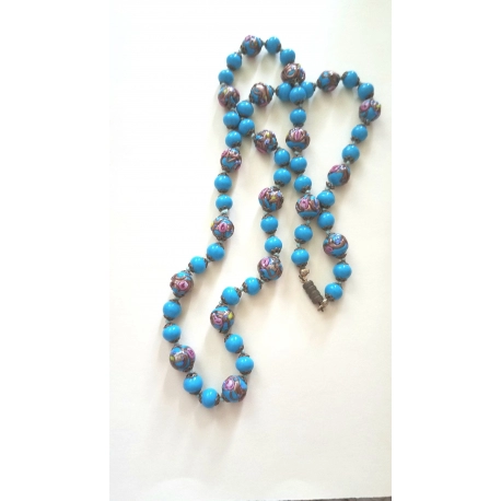 Unusual Glass Beads Necklace with Heavy raised Enameled Work