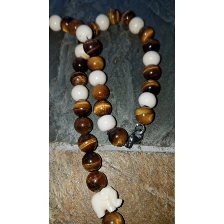 Tiger Eye Necklace with African Amber Bead and Cow Bone beads