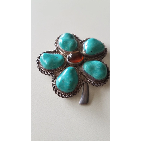 Turquoise and Carnelian Brooch Marked Sterling, China