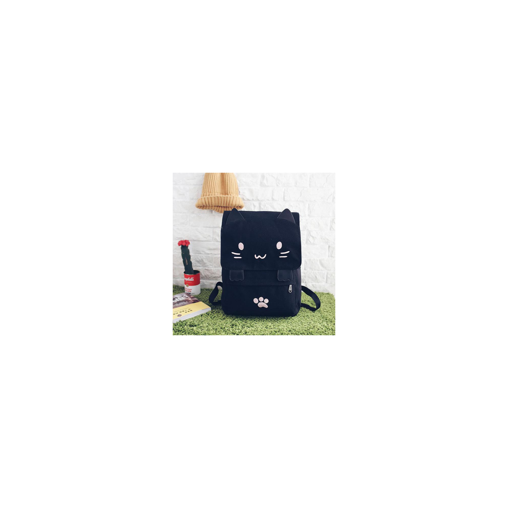 Cute Cat Canvas Backpack Cartoon Embroidery Backpacks