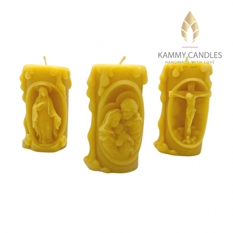 Religious Beeswax Pillar Candle Set of 3