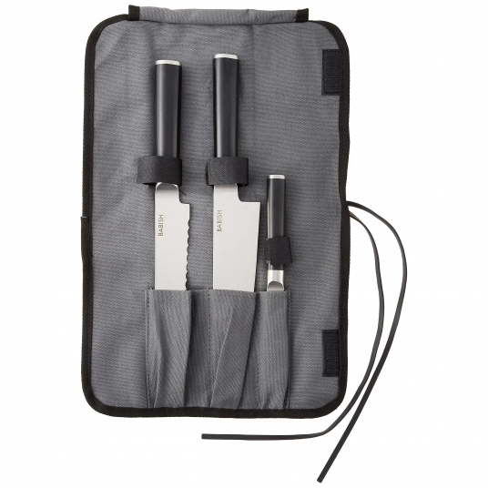 Babish German High-Carbon 1.4116 Steel Cutlery Knife Set, 3-Piece (Chef, Bread, & Pairing Knive) w/Kitchen Knives Roll