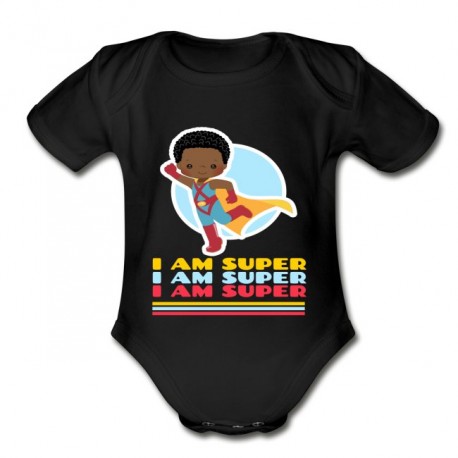 I am Super Black african american boy Organic Short Sleeve Baby Bodysuit