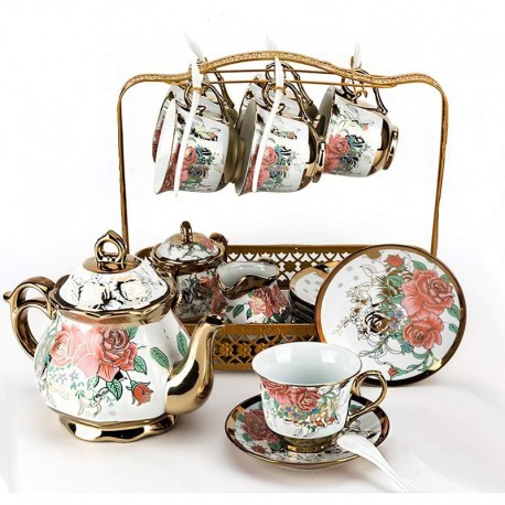 European Vintage Ceramic Tea Set (15-piece) with Decorated with Pink Roses and Gold Fringe