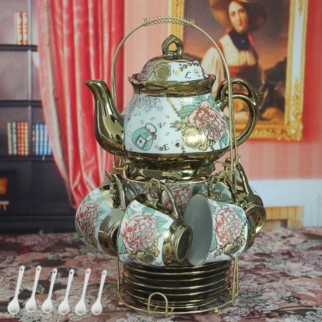 13 Piece European Titanium Gold Tea Set,Rose Printing Vintage Ceramic Tea Set Service Coffee Set