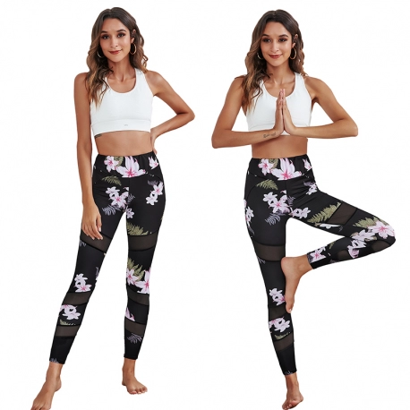 B1238 high quality European and American women's plant print splicing mesh tight sports Yoga Pants
